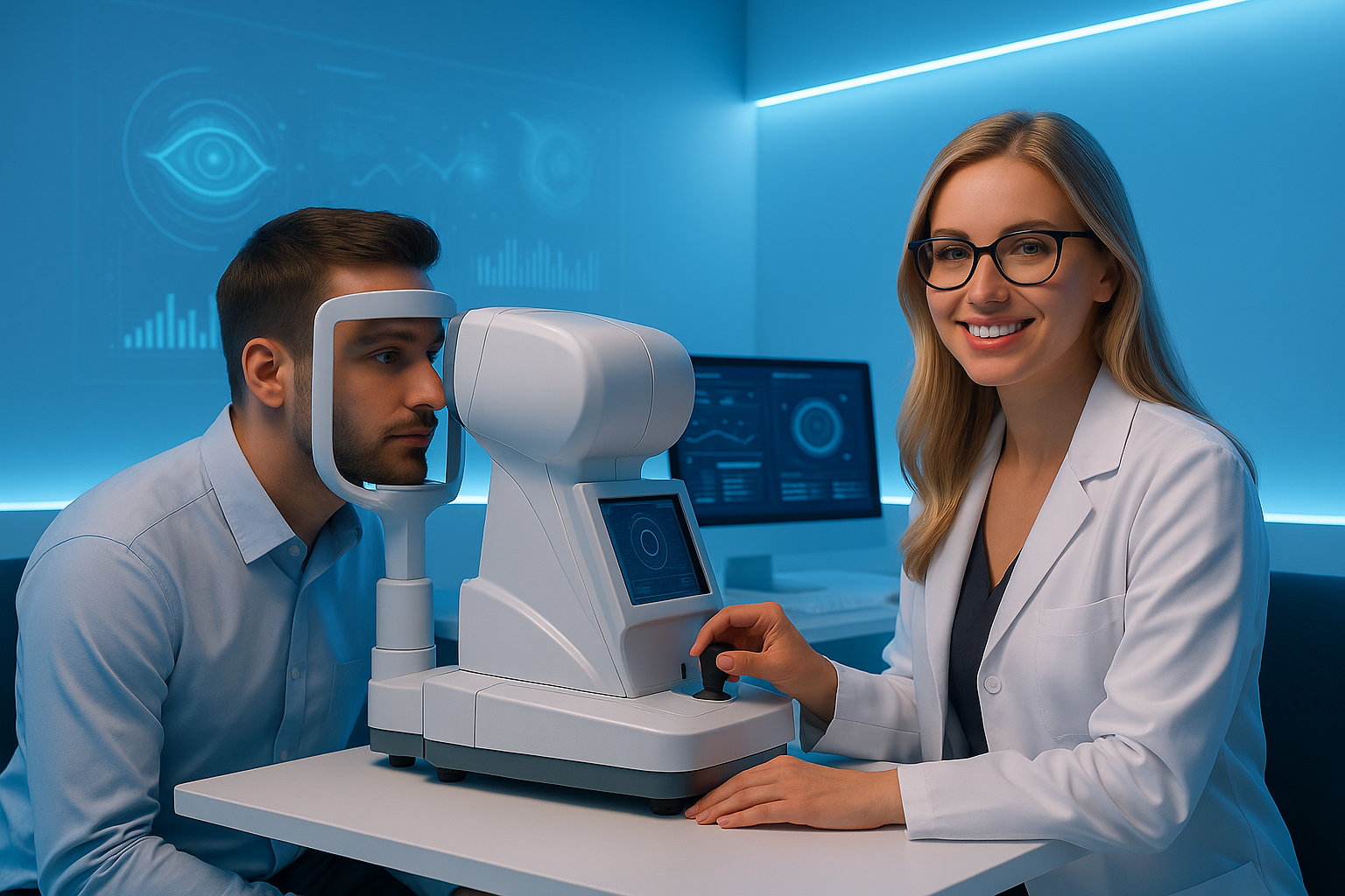 Hellen Monge optometrista en examen visual de alta precisión