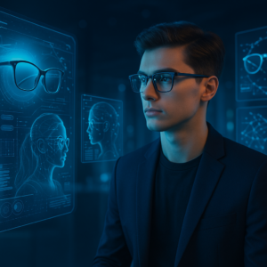 Joven observando hologramas de gafas en un entorno futurista que refleja novedades y tendencias en óptica inteligente y realidad aumentada.