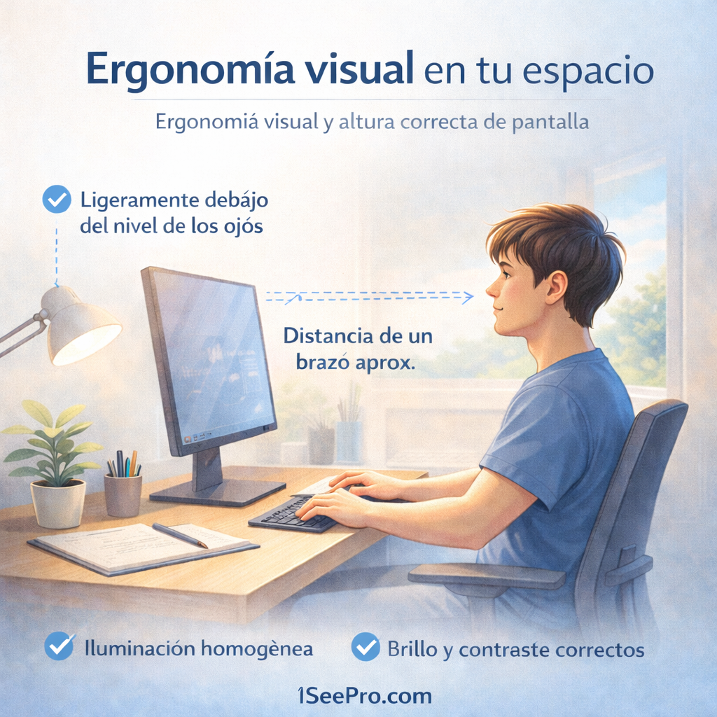 Ergonomía visual y altura correcta de pantalla